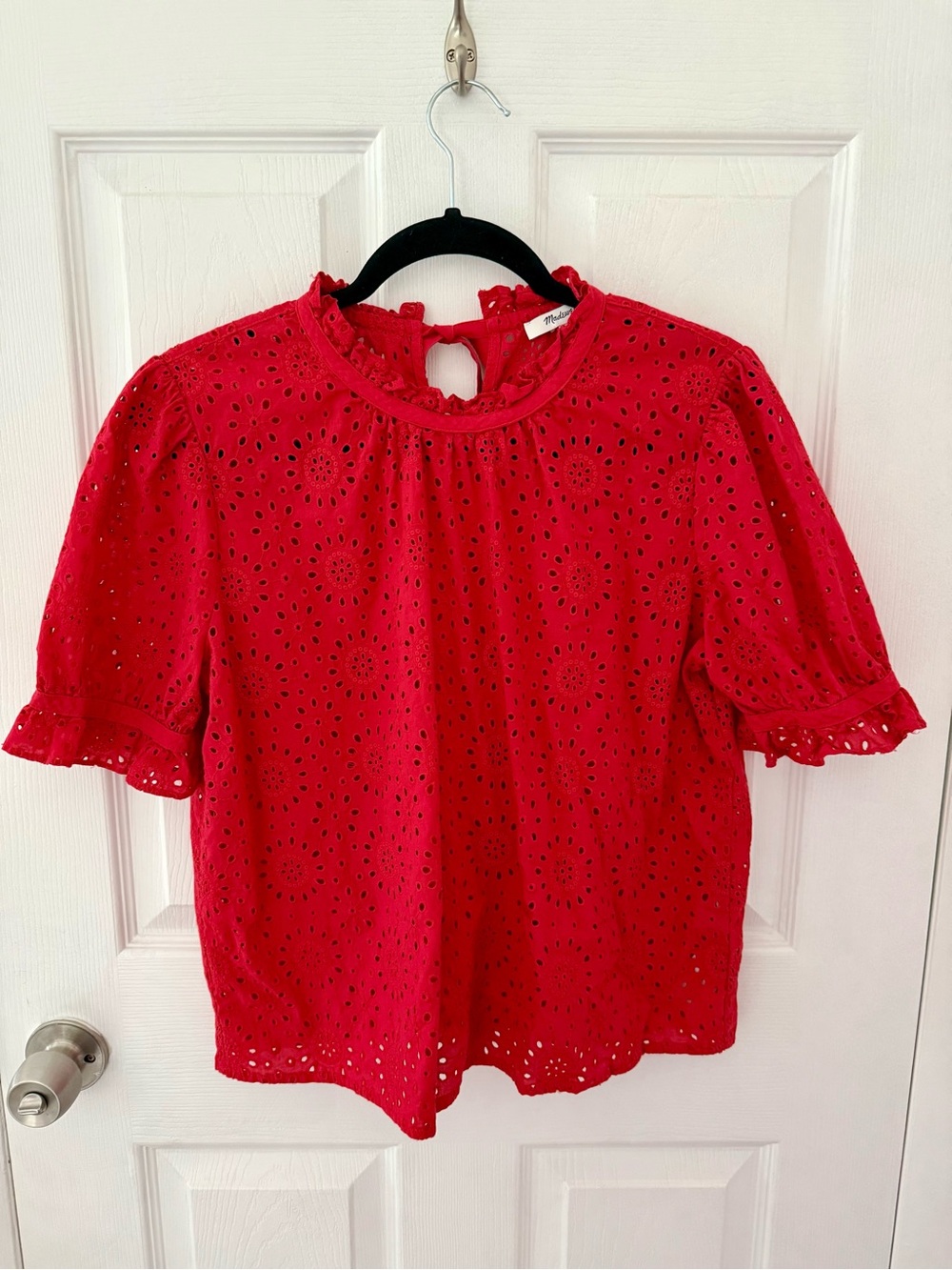 Madewell Red Eyelet Short Sleeve Blouse Size Large